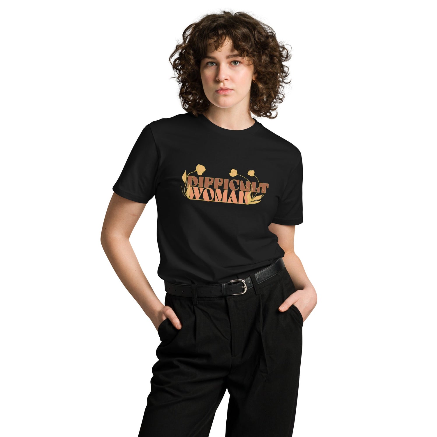 difficult woman premium crew neck tee, black, three in the trees