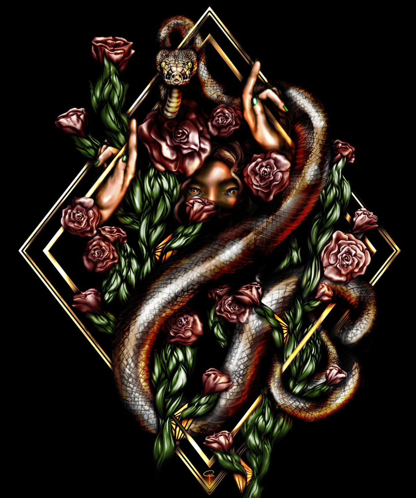 Eve and Snake in trellis of roses, digital painting
