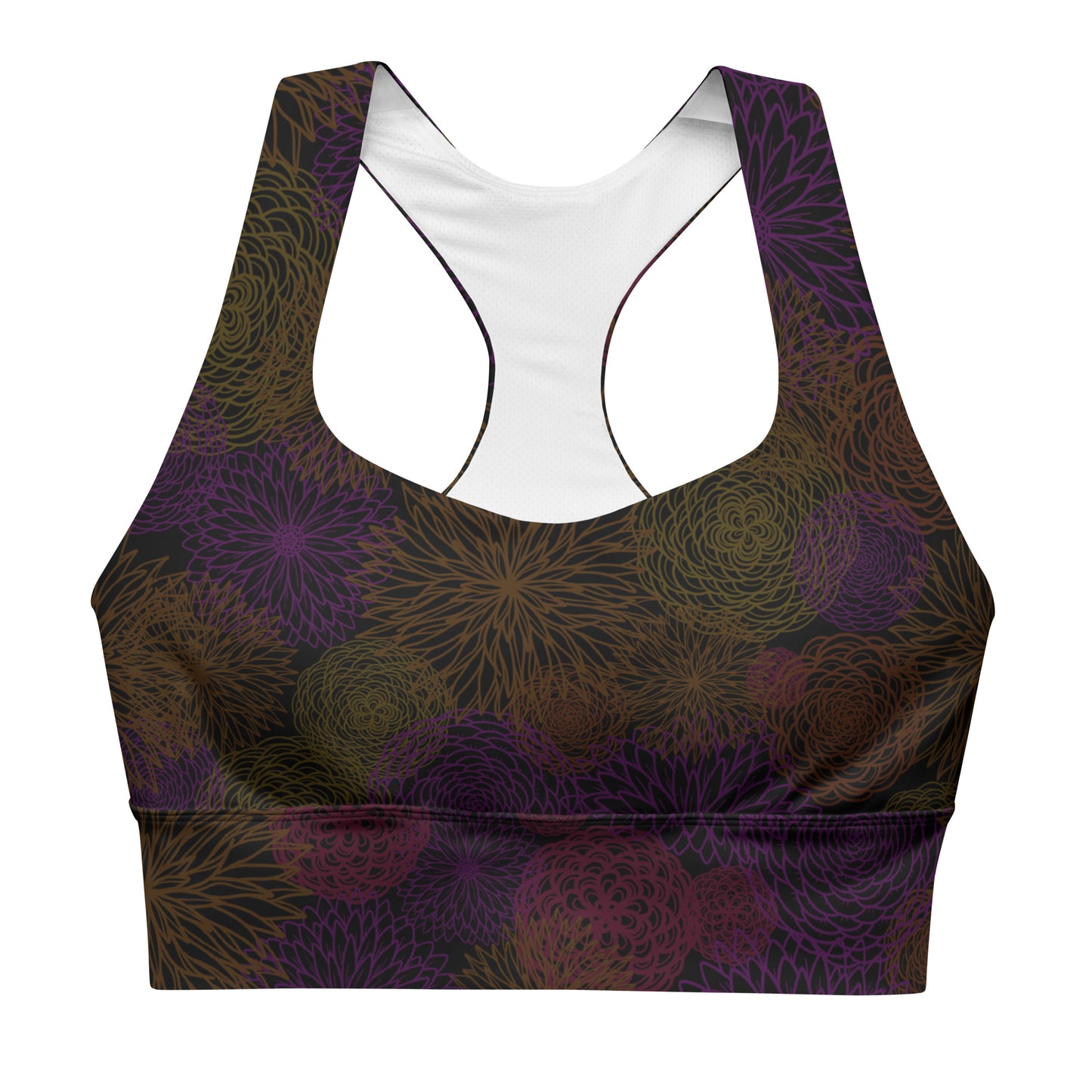 dahlia bunch long line sports bra, by Three In The Trees, front