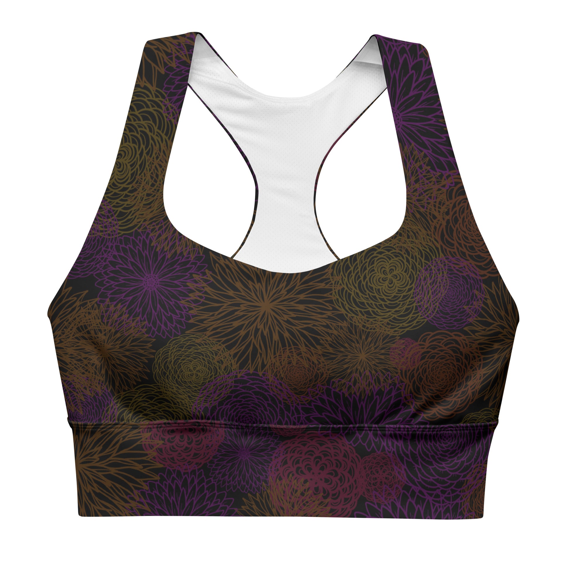 dahlia bunch long line sports bra, by Three In The Trees, front