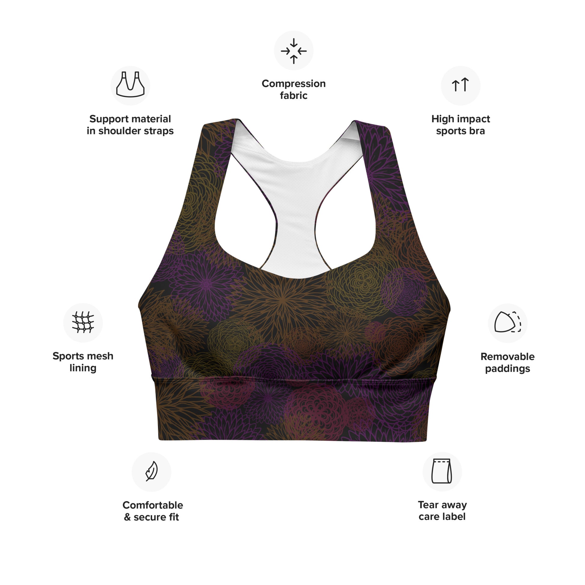 dahlia bunch long line sports bra, by Three In The Trees, specifications