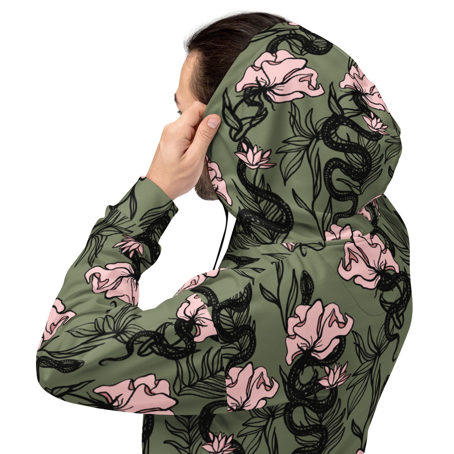 Ophis all over print hoodie, snake floral design, three in the trees. model mock up.