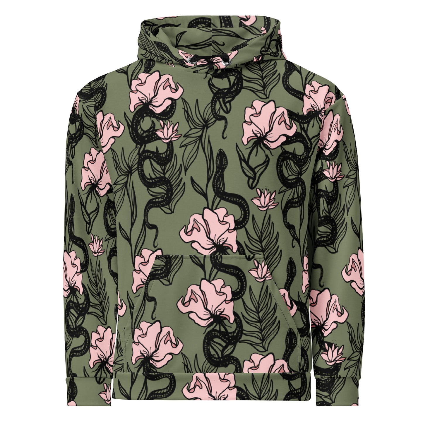 Ophis all over print hoodie, snake floral design, three in the trees, front