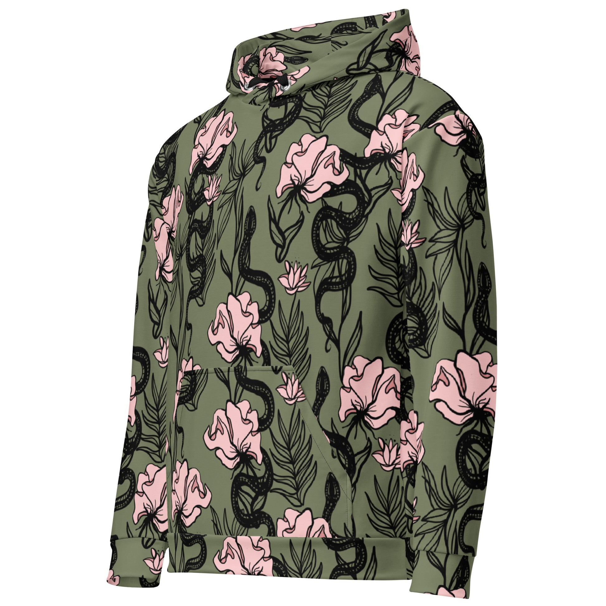 Ophis all over print hoodie, snake floral design, three in the trees front left