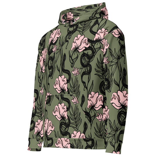 Ophis all over print hoodie, snake floral design, three in the trees front left