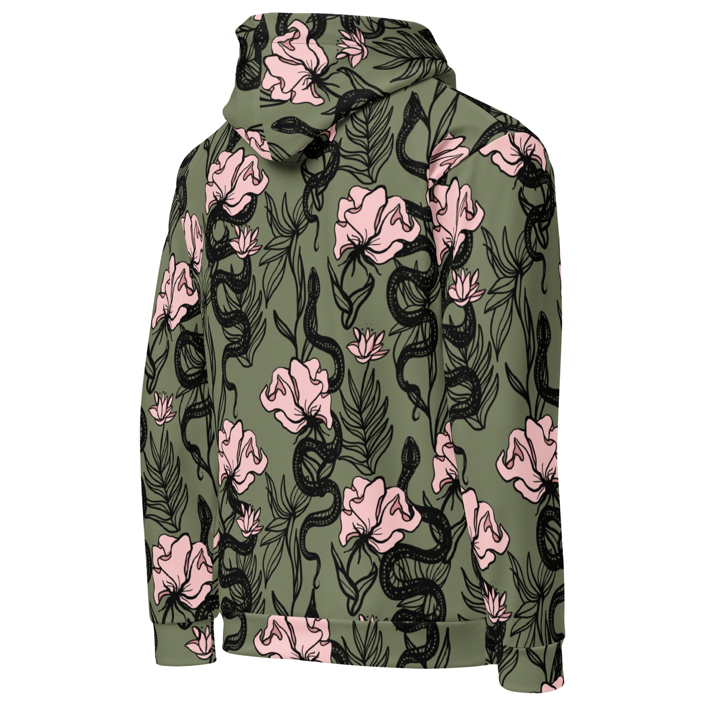 Ophis all over print hoodie, snake floral design, three in the trees, back
