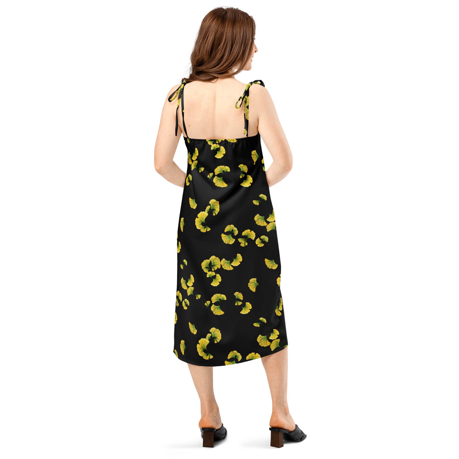 ginkgo tie strap midi dress, model back, Three in the Trees