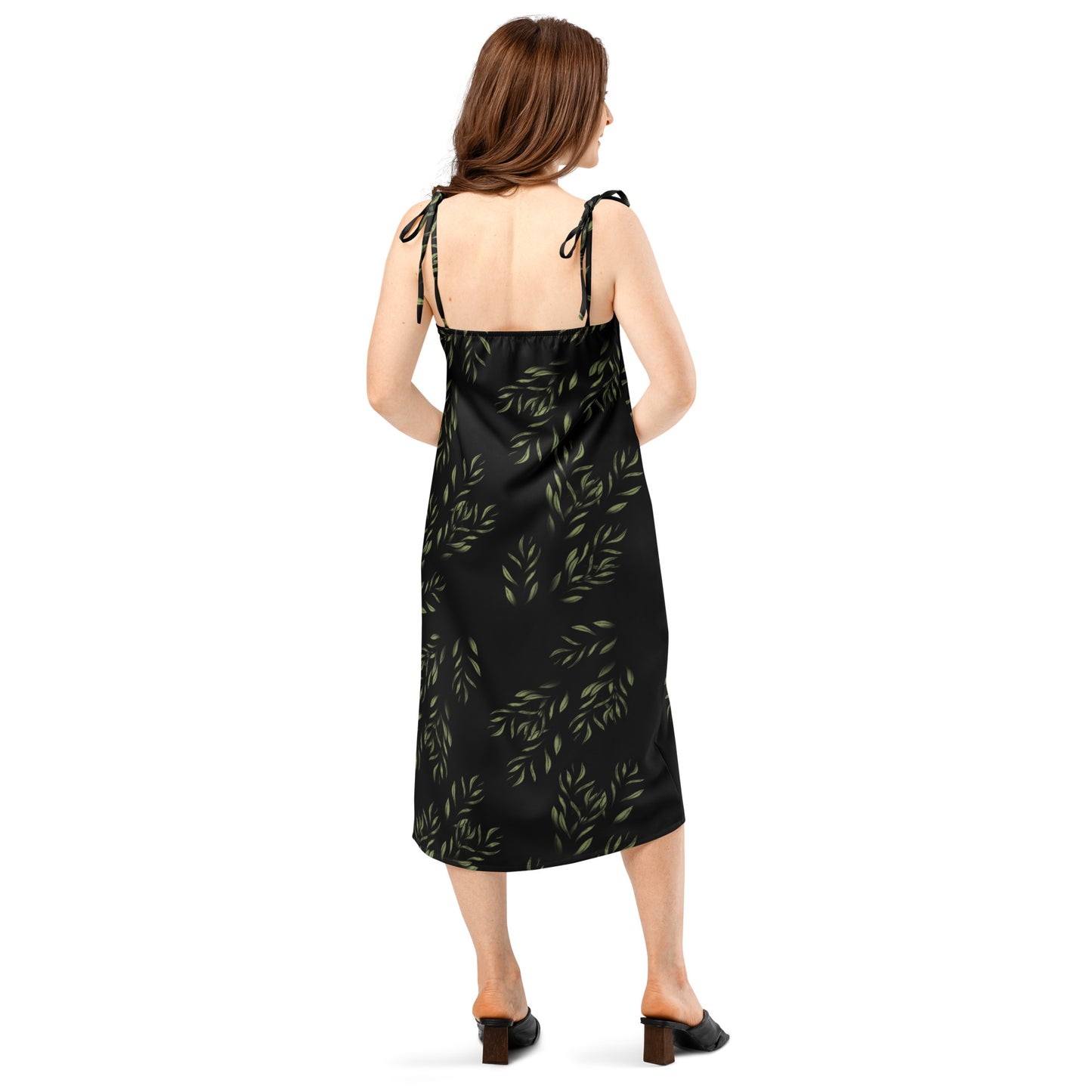 Trails tie strap midi dress, three in the trees, model mock up