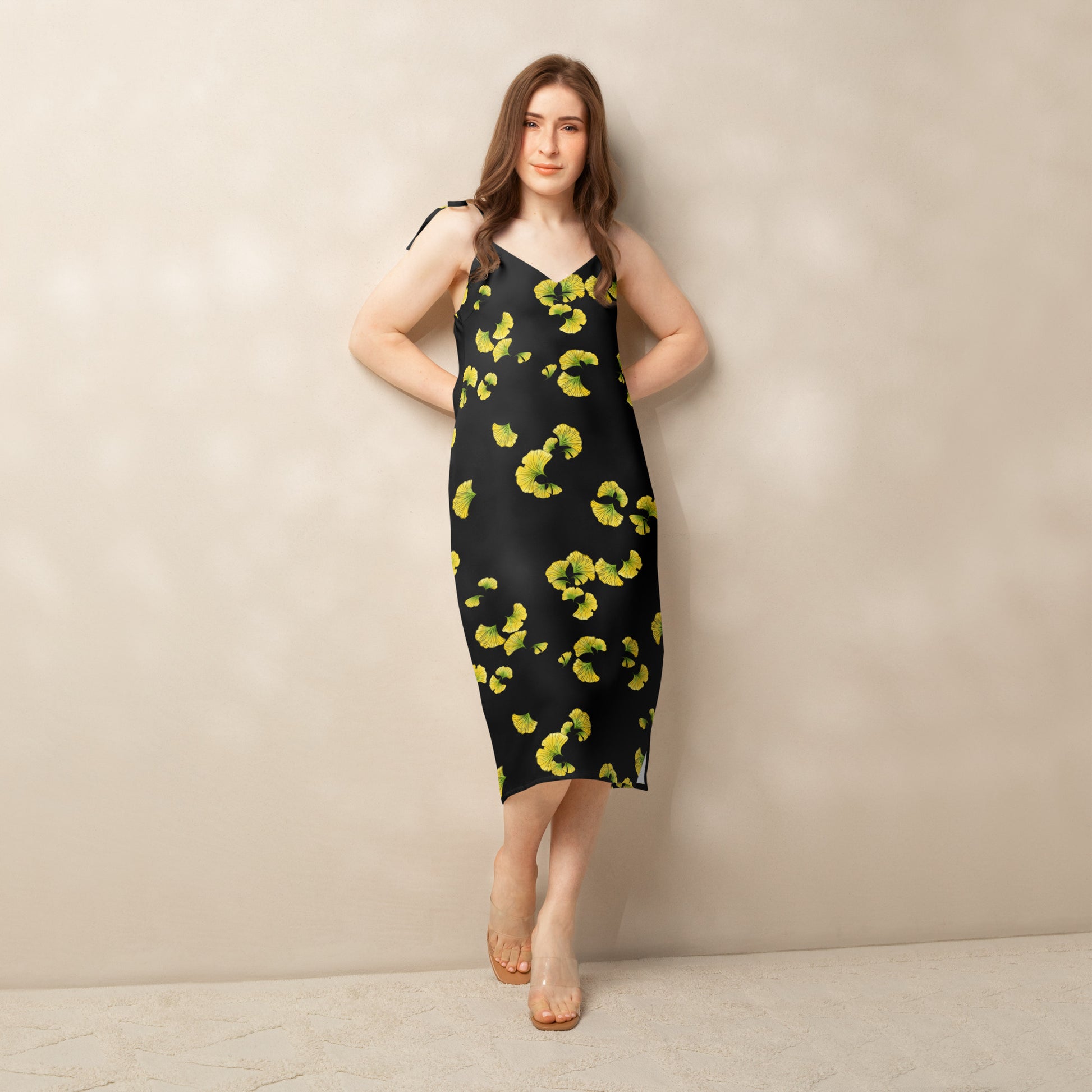 Ginkgo tie strap midi dress, model, Three in the Trees.