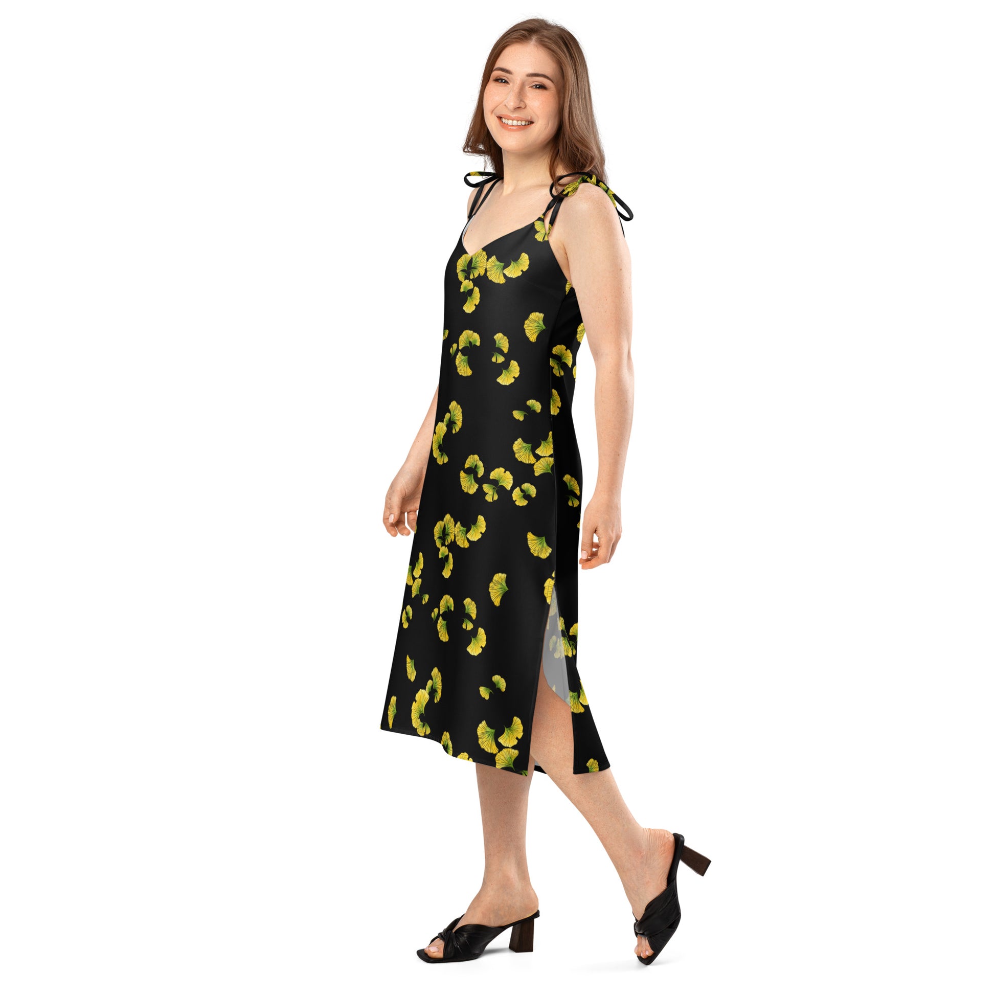 ginkgo tie strap midi dress, model side, Three in the Trees