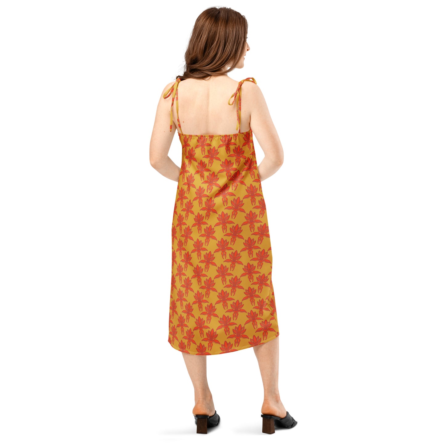 amore tie strap midi dress, model back, Three in the Trees.