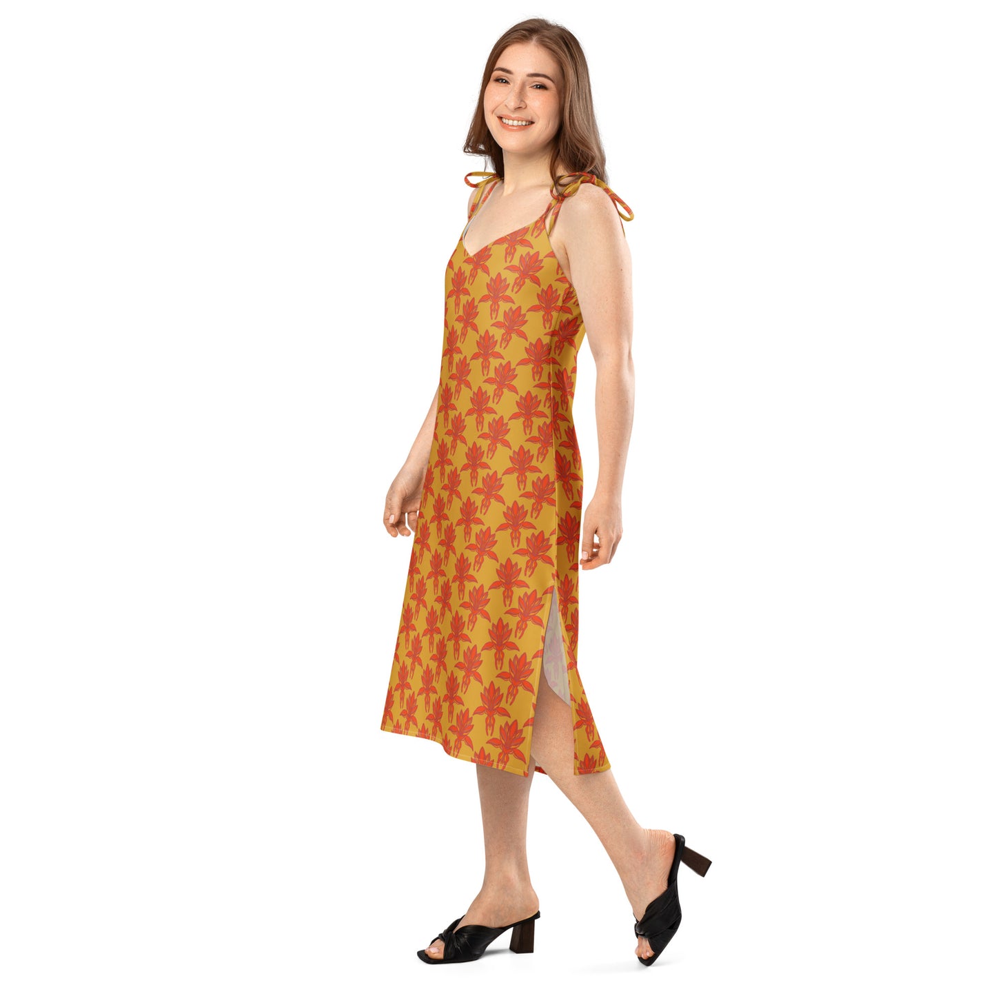 amore tie strap midi dress, model side, Three in the Trees