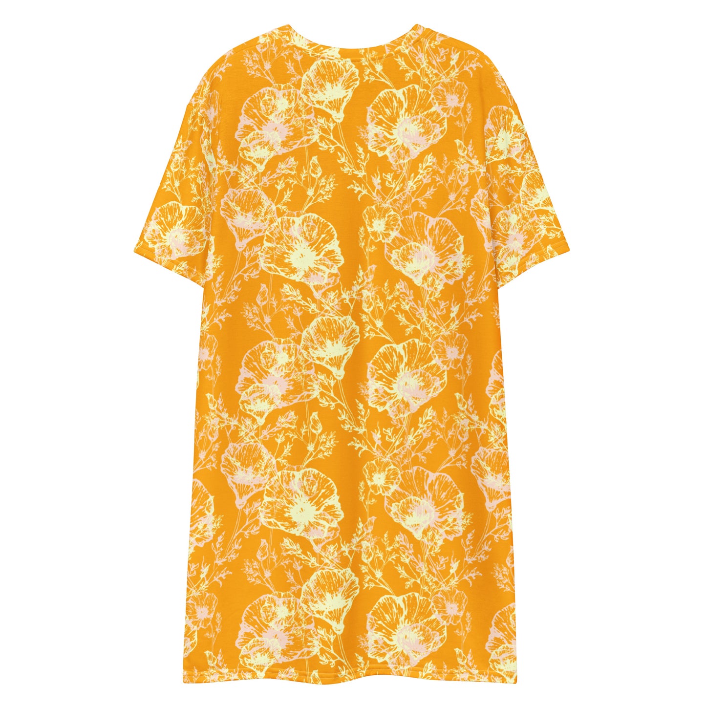 All over print t-shirt dress, orange poppy hand drawn pattern, back