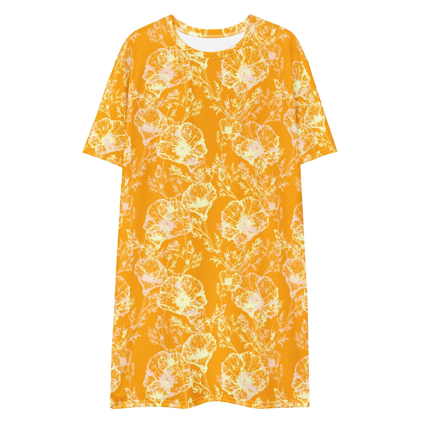 All over print t-shirt dress, orange poppy hand drawn pattern