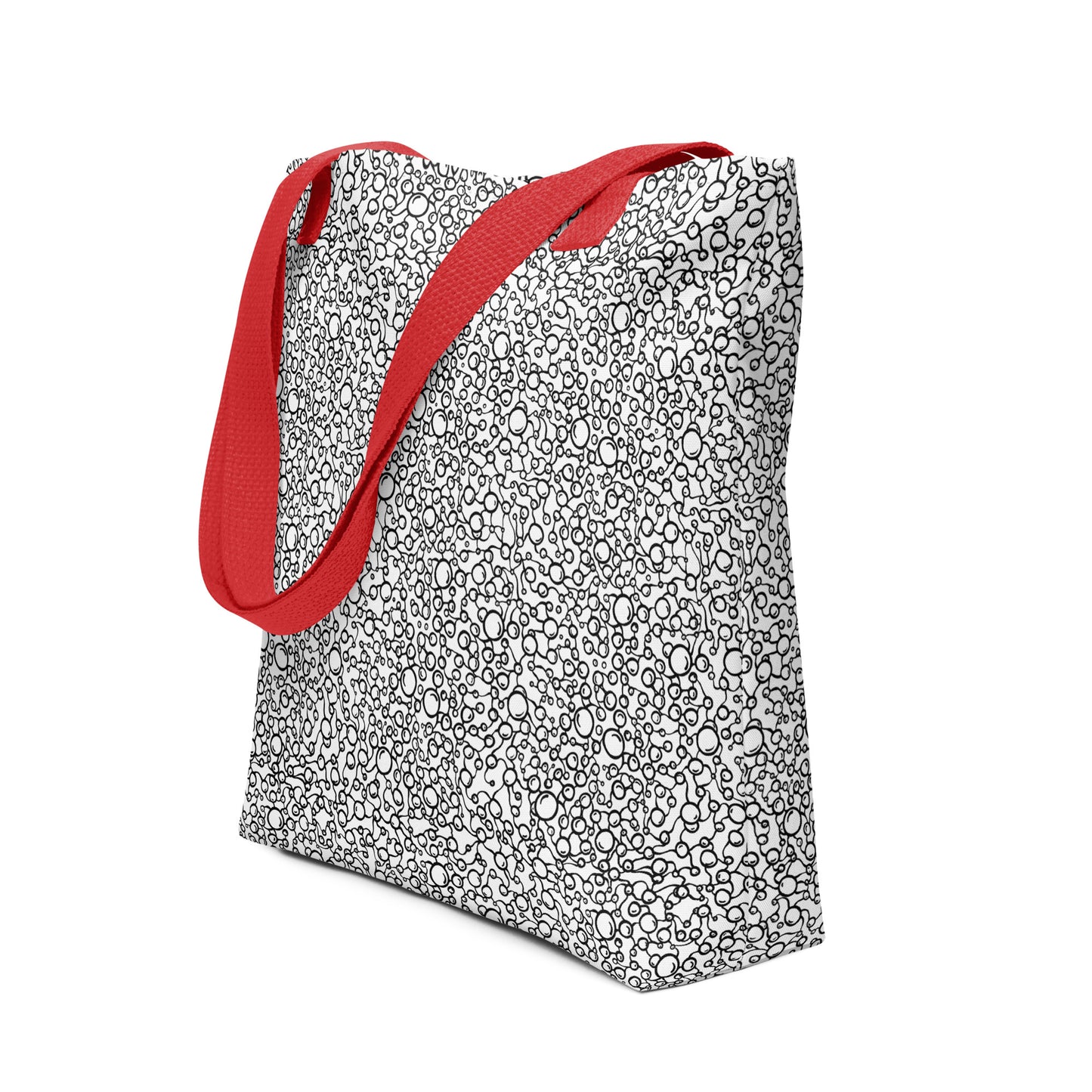all over print tote bag, red handle, black white atomic pattern