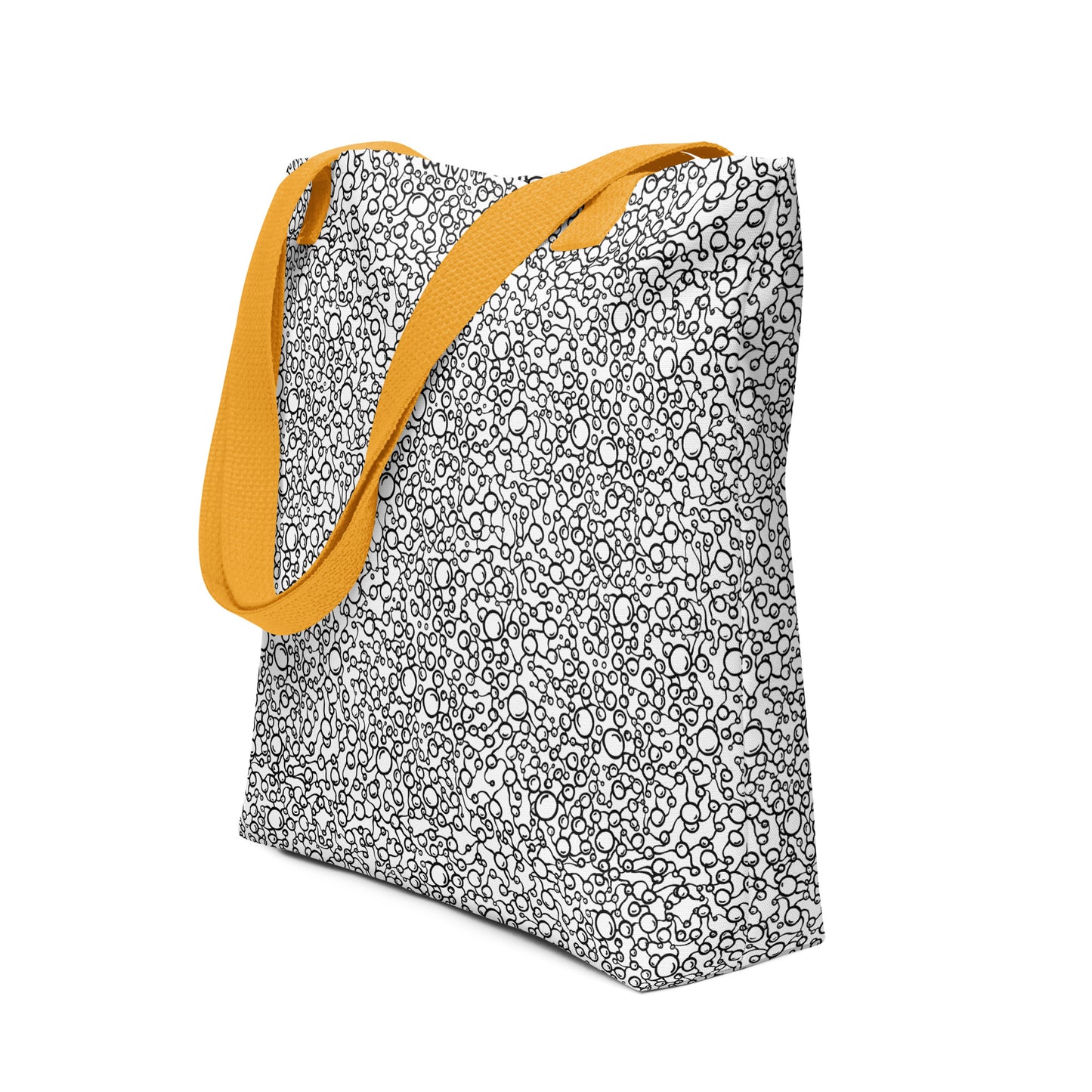 all over print tote bag, yellow handle, black white atomic pattern