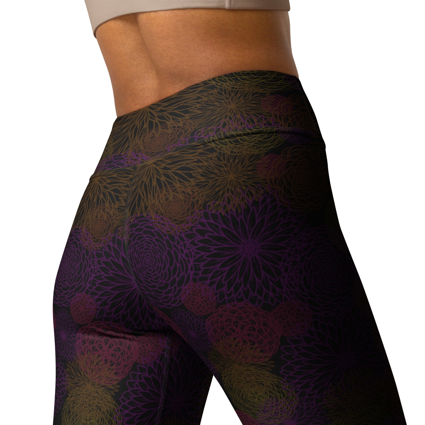 all over print yoga leggings, dahlia bunch by three in the trees, model detail back
