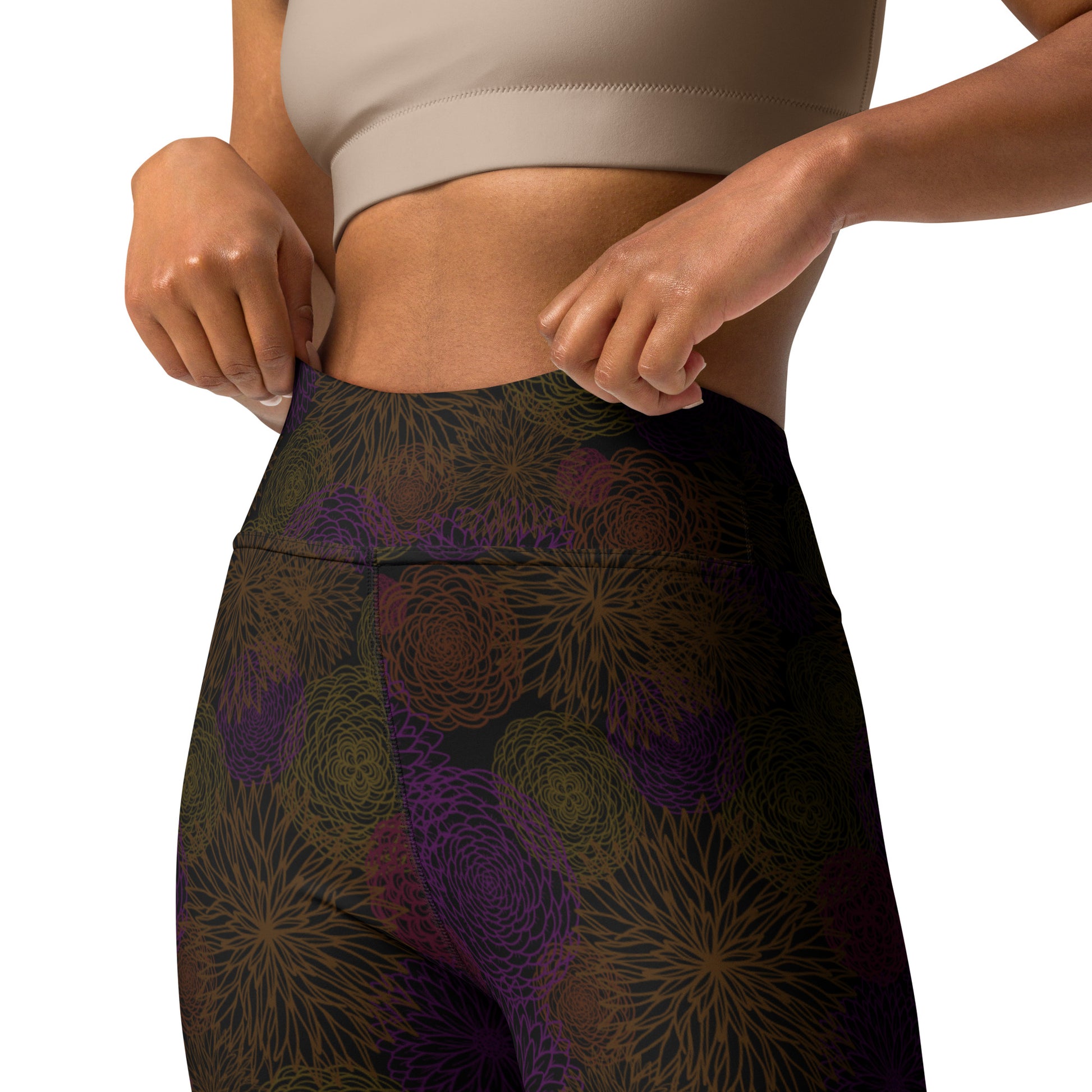 all over print yoga leggings, dahlia bunch by three in the trees, model detail front