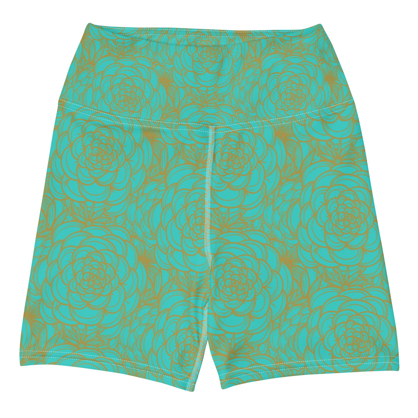 all over print yoga shorts blue and marigold floral design