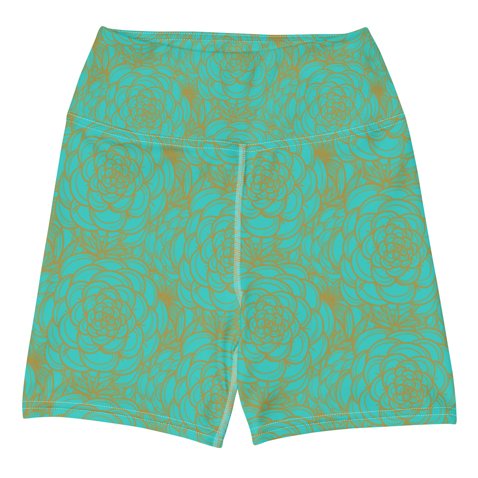 all over print yoga shorts blue and marigold floral design