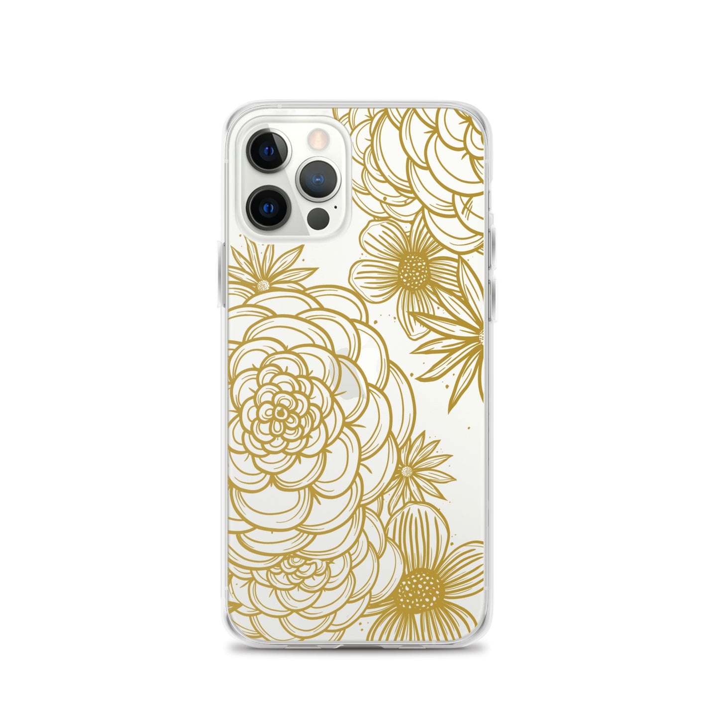 clear case for iPhone, gold tone floral digital hand drawn design