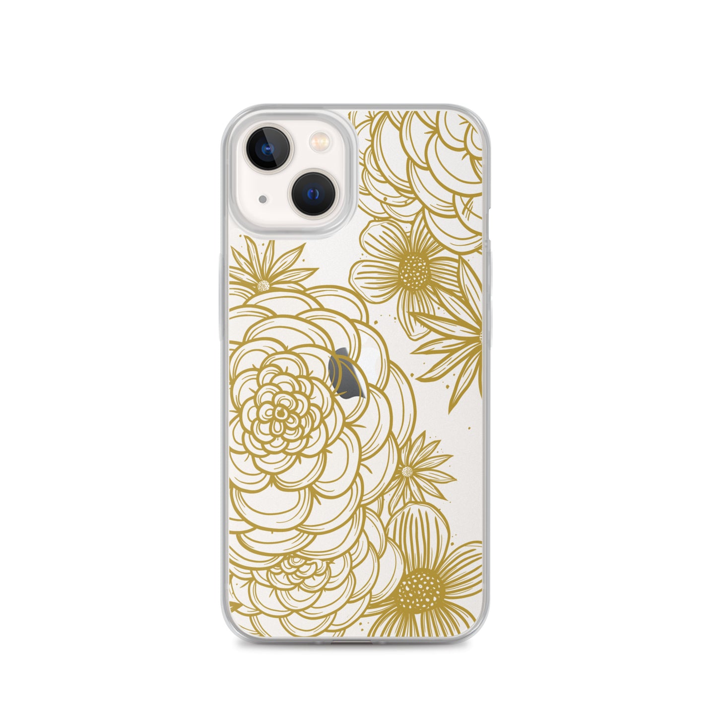 clear case for iPhone, gold tone floral digital hand drawn design