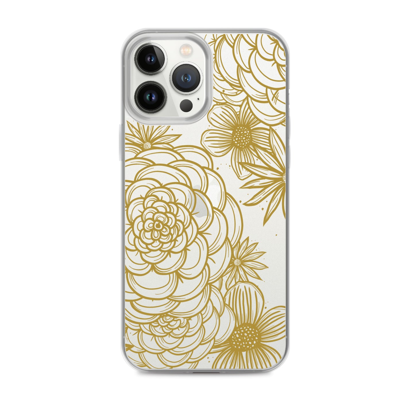 clear case for iPhone, gold tone floral digital hand drawn design