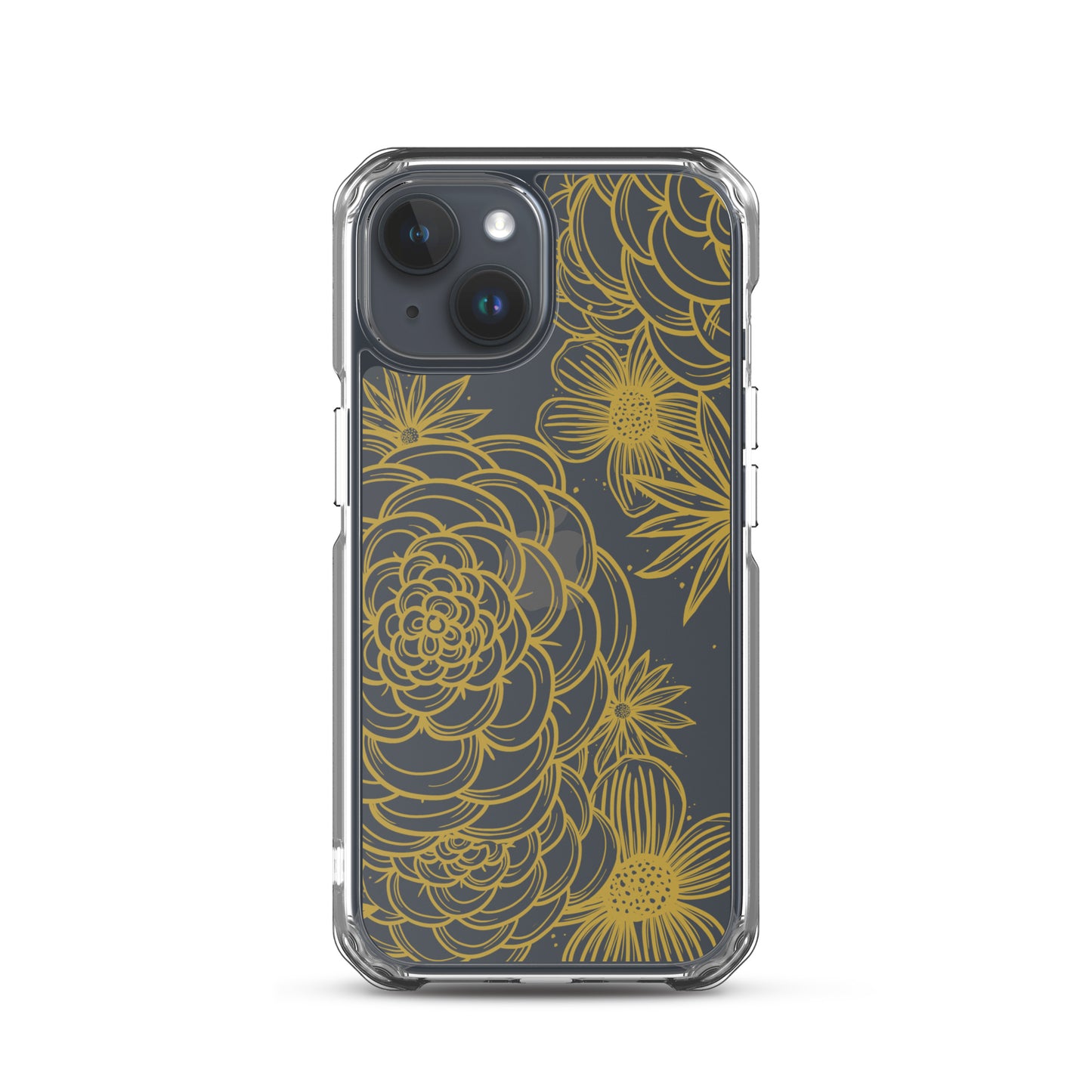 clear case for iPhone, gold tone floral digital hand drawn design