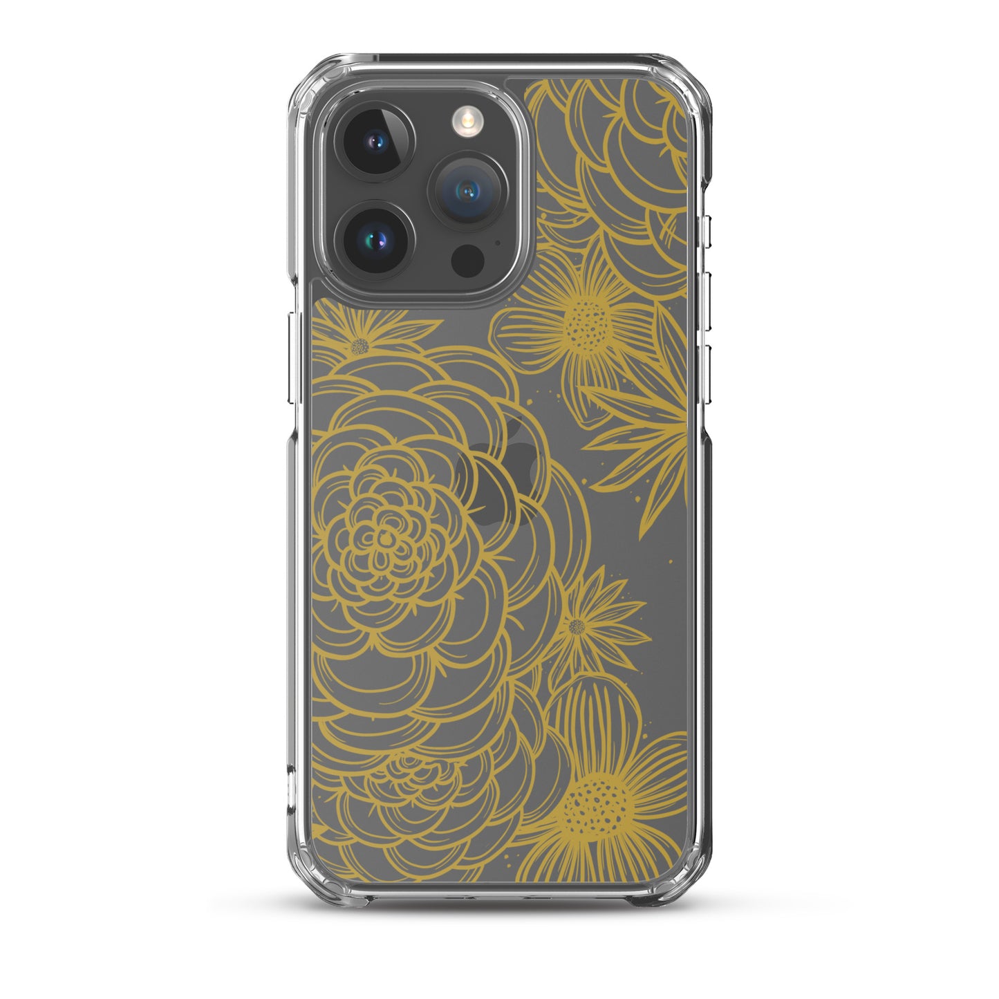 clear case for iPhone, gold tone floral digital hand drawn design