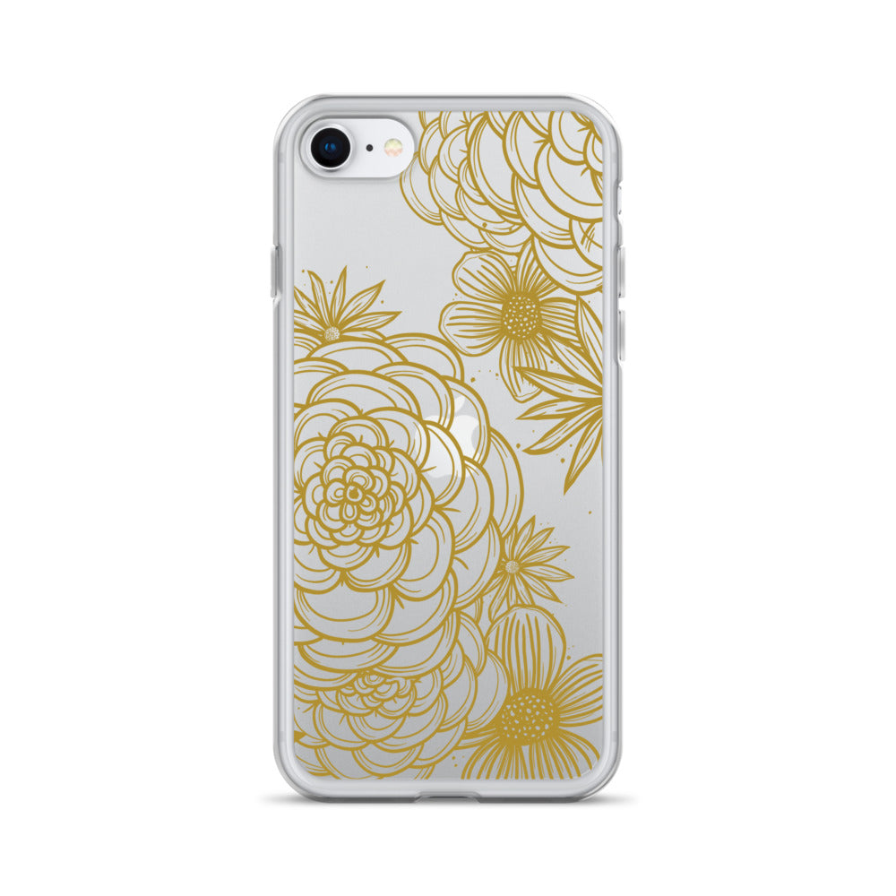 clear case for iPhone, gold tone floral digital hand drawn design
