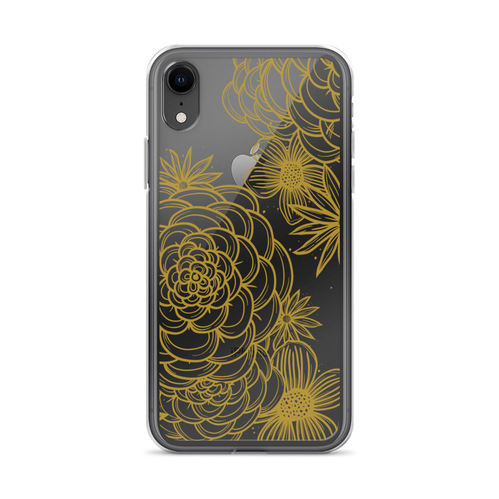 clear case for iPhone, gold tone floral digital hand drawn design