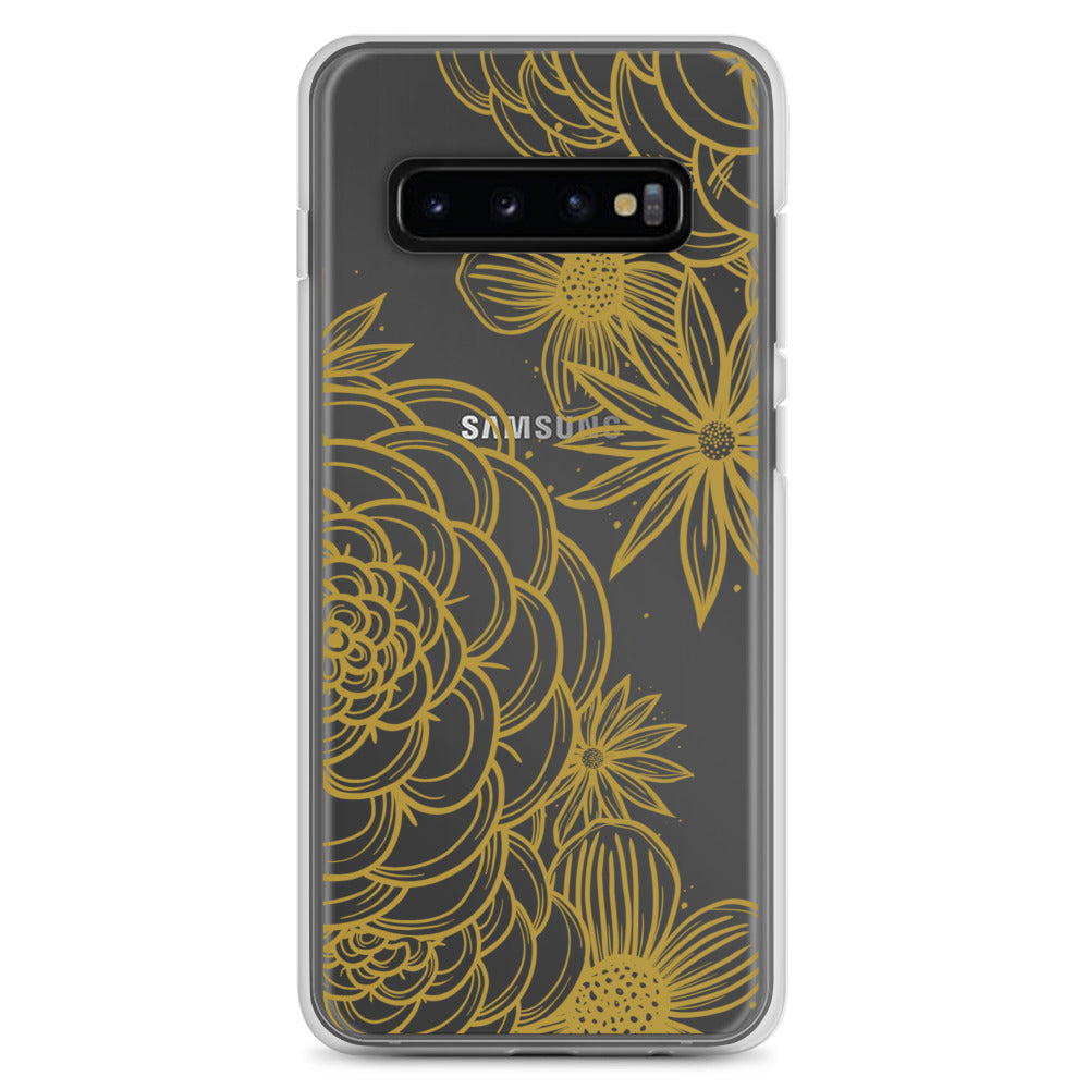 clear case for samsung galaxy, gold tone floral digital hand drawn design