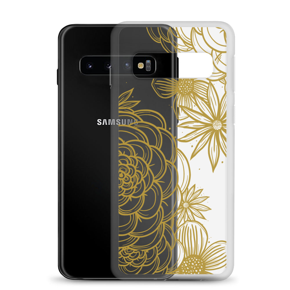 clear case for samsung galaxy, gold tone floral digital hand drawn design