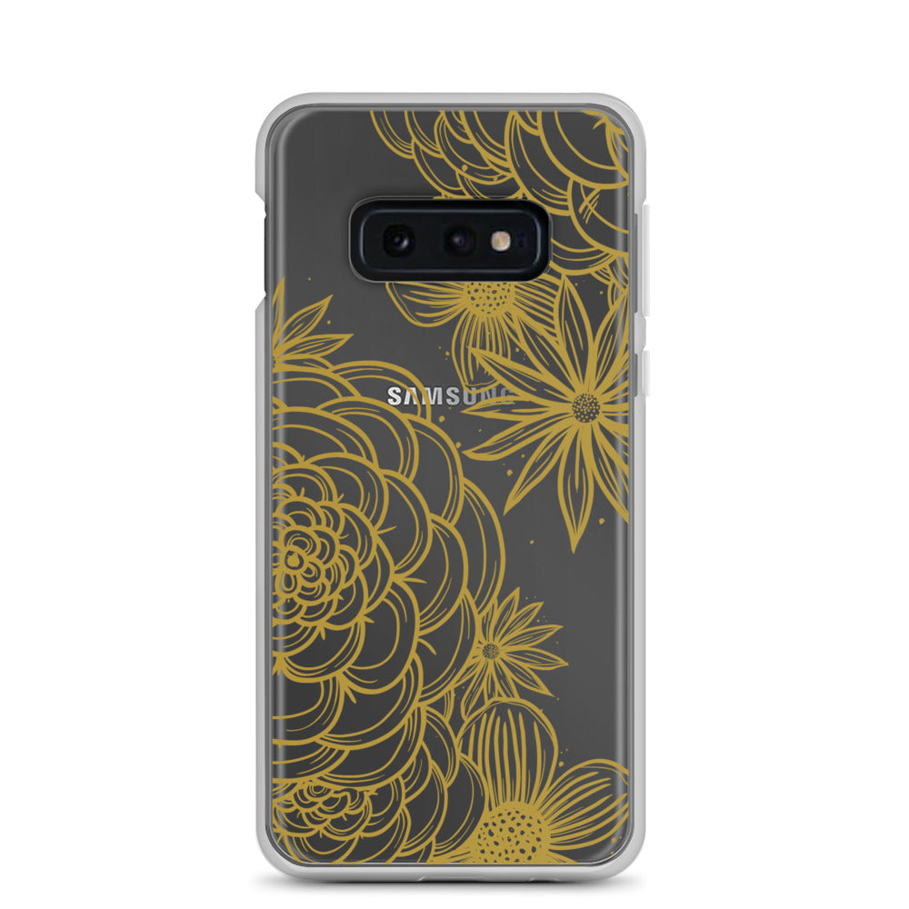 clear case for samsung galaxy, gold tone floral digital hand drawn design