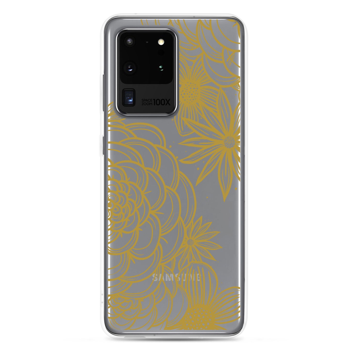 clear case for samsung galaxy, gold tone floral digital hand drawn design
