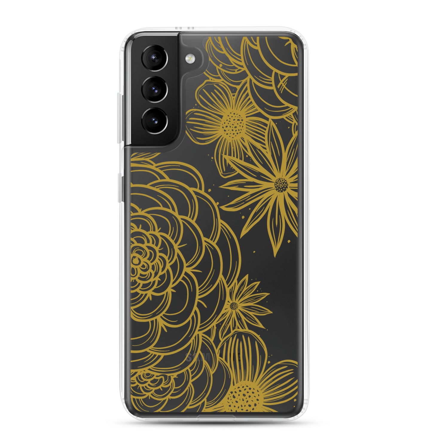 clear case for samsung galaxy, gold tone floral digital hand drawn design