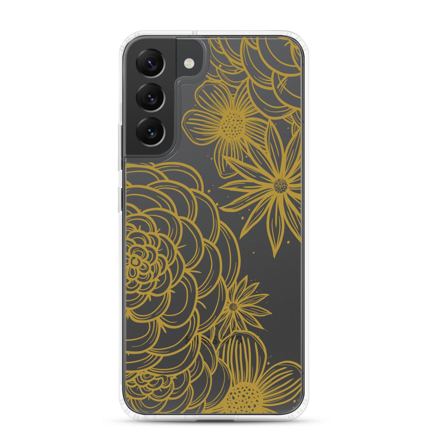 clear case for samsung galaxy, gold tone floral digital hand drawn design