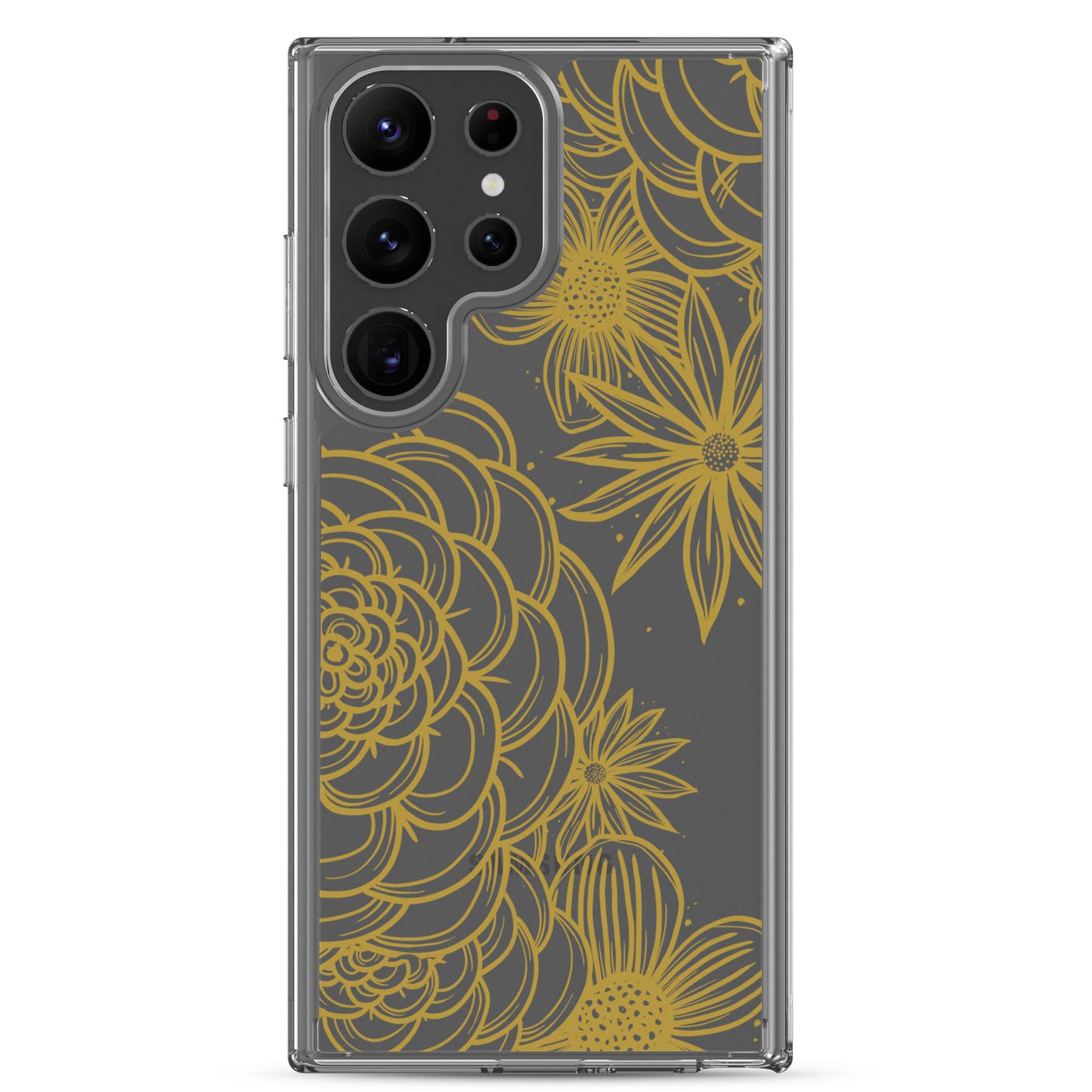 clear case for samsung galaxy, gold tone floral digital hand drawn design