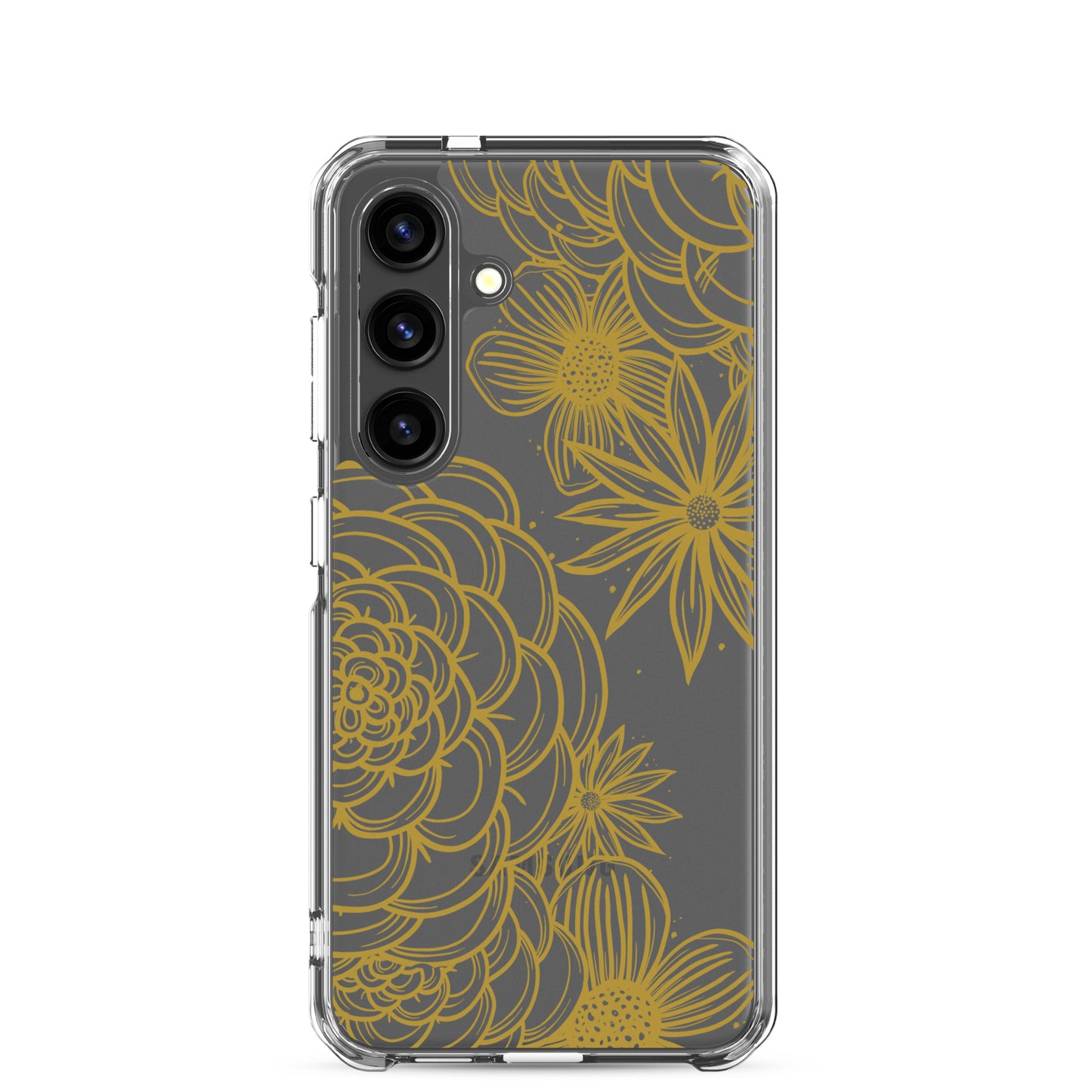 clear case for samsung galaxy, gold tone floral digital hand drawn design