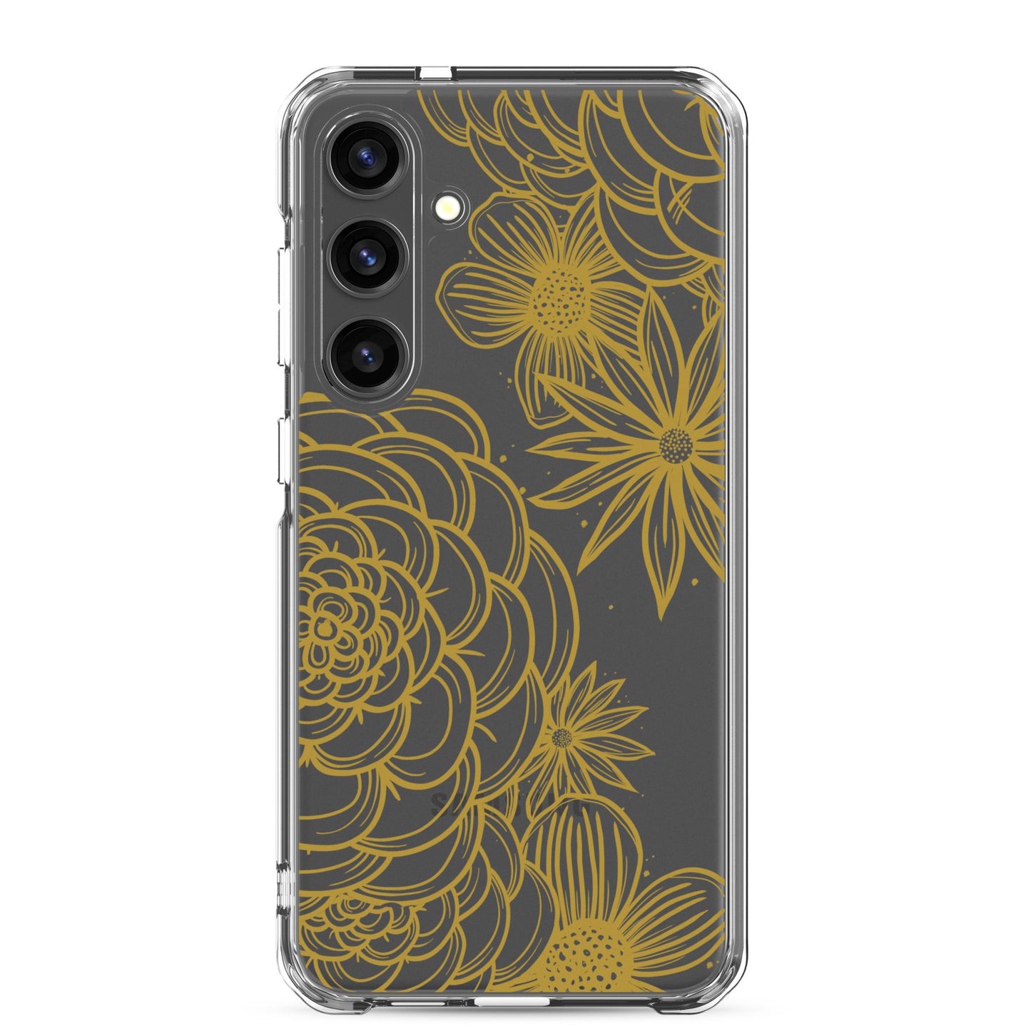 clear case for samsung galaxy, gold tone floral digital hand drawn design