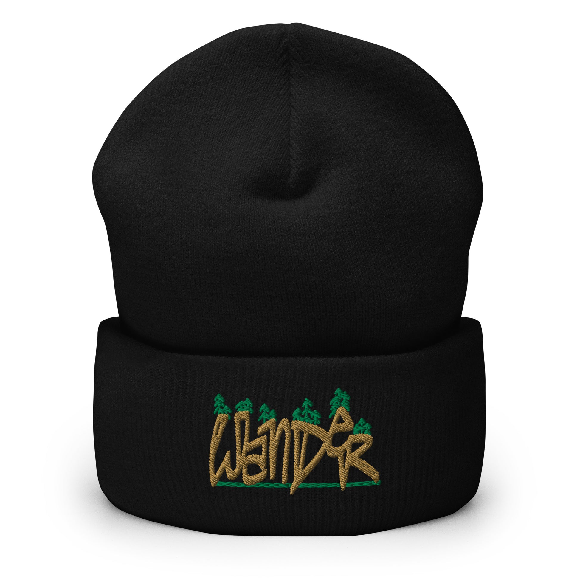 cuffed beanie, black front, embroidered wander, three in the trees