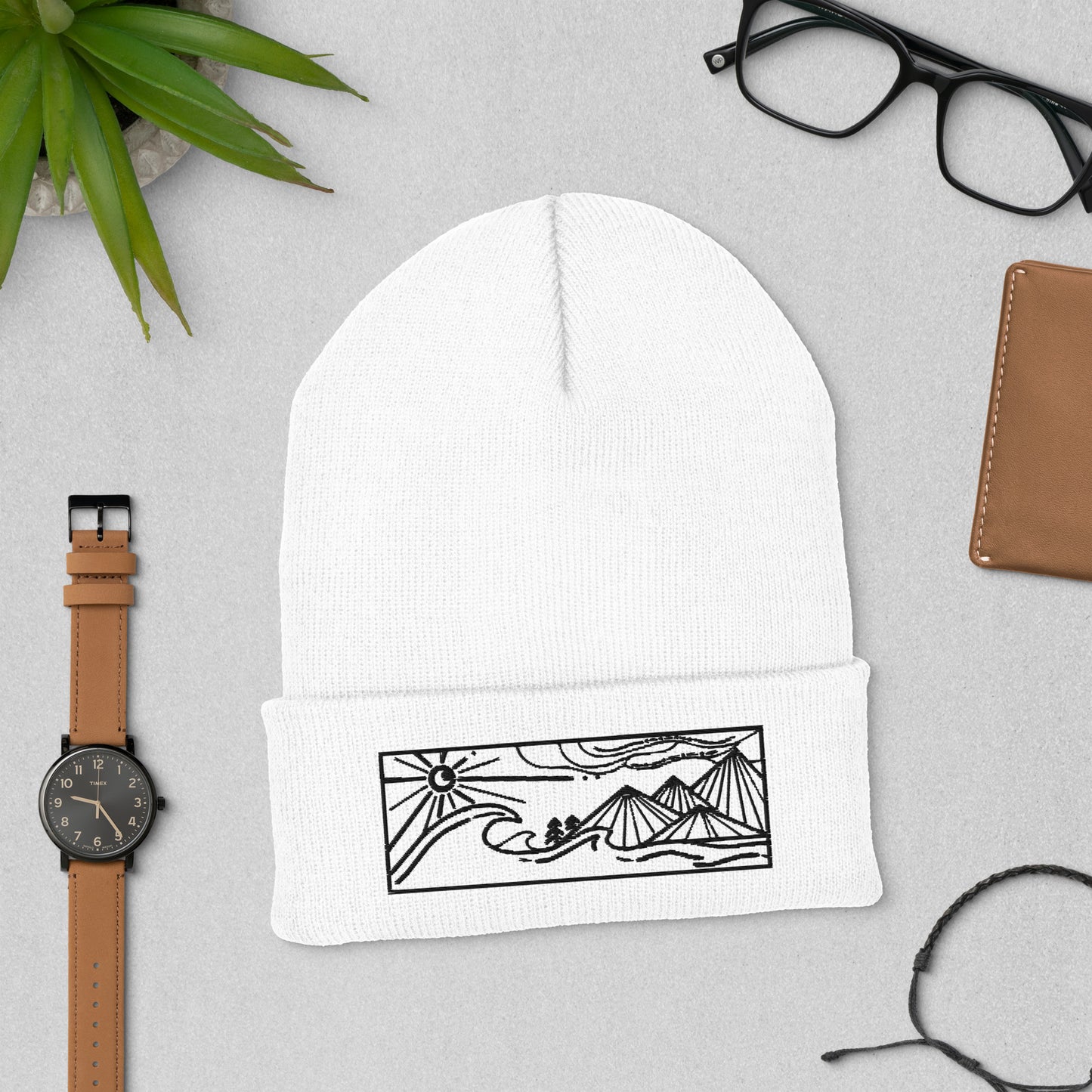 cuffed beanie, black embroidery of seascape and mountains, white