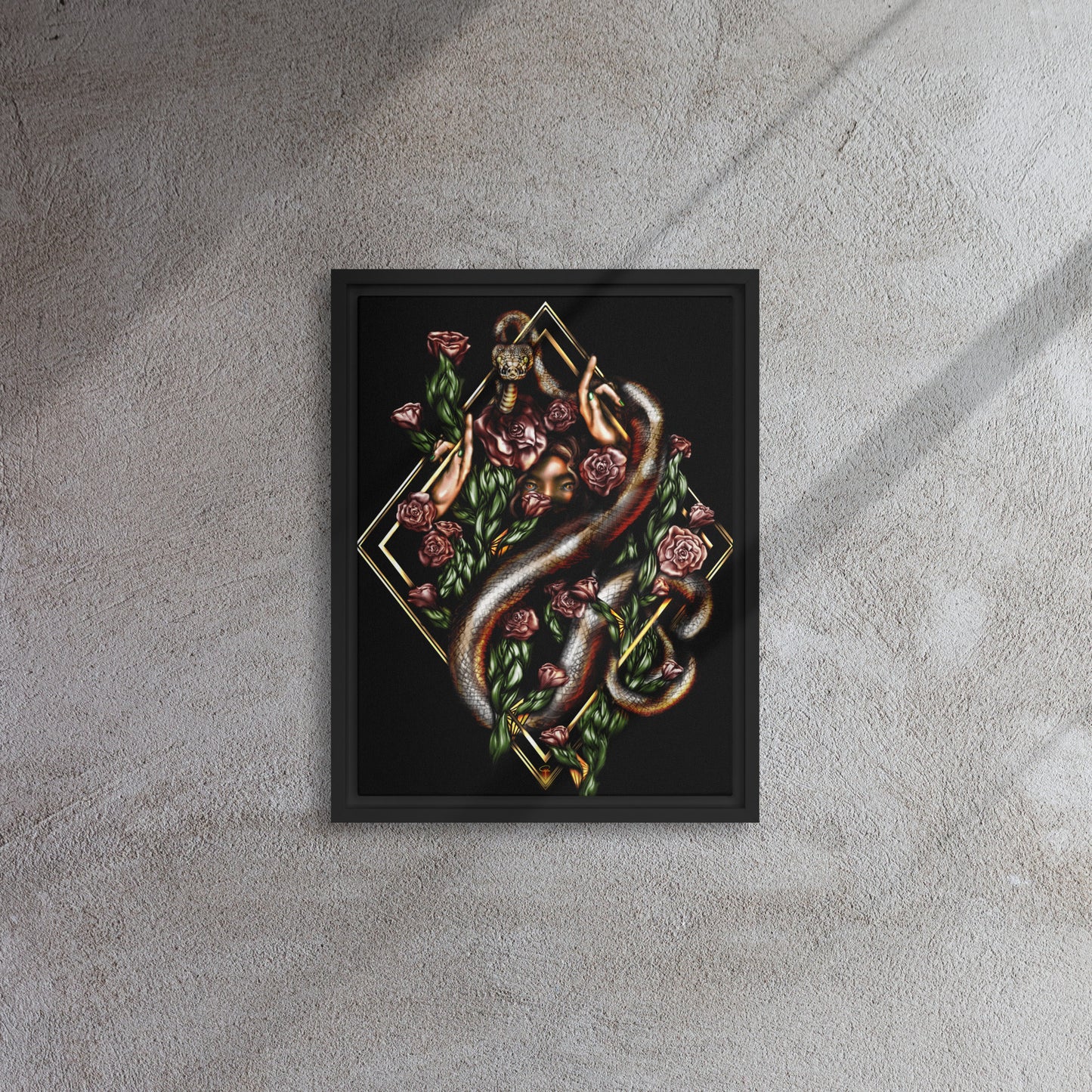 Framed canvas, Eve and snake in trellis of roses, digital painting print 12x16