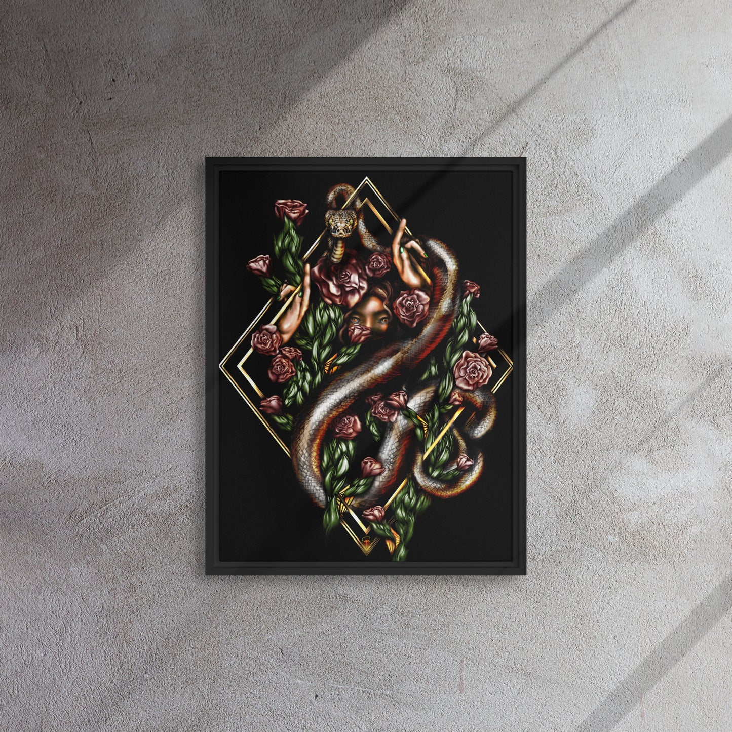 Framed canvas, Eve and snake in trellis of roses, digital painting print 18x24