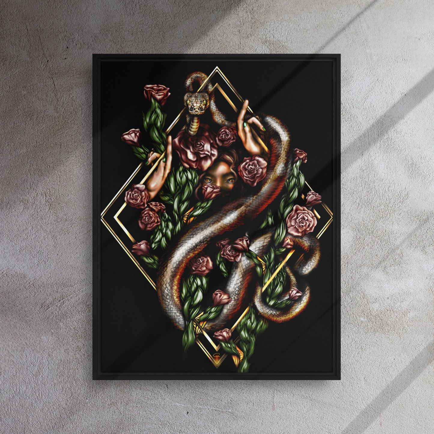 Framed canvas, Eve and snake in trellis of roses, digital painting print