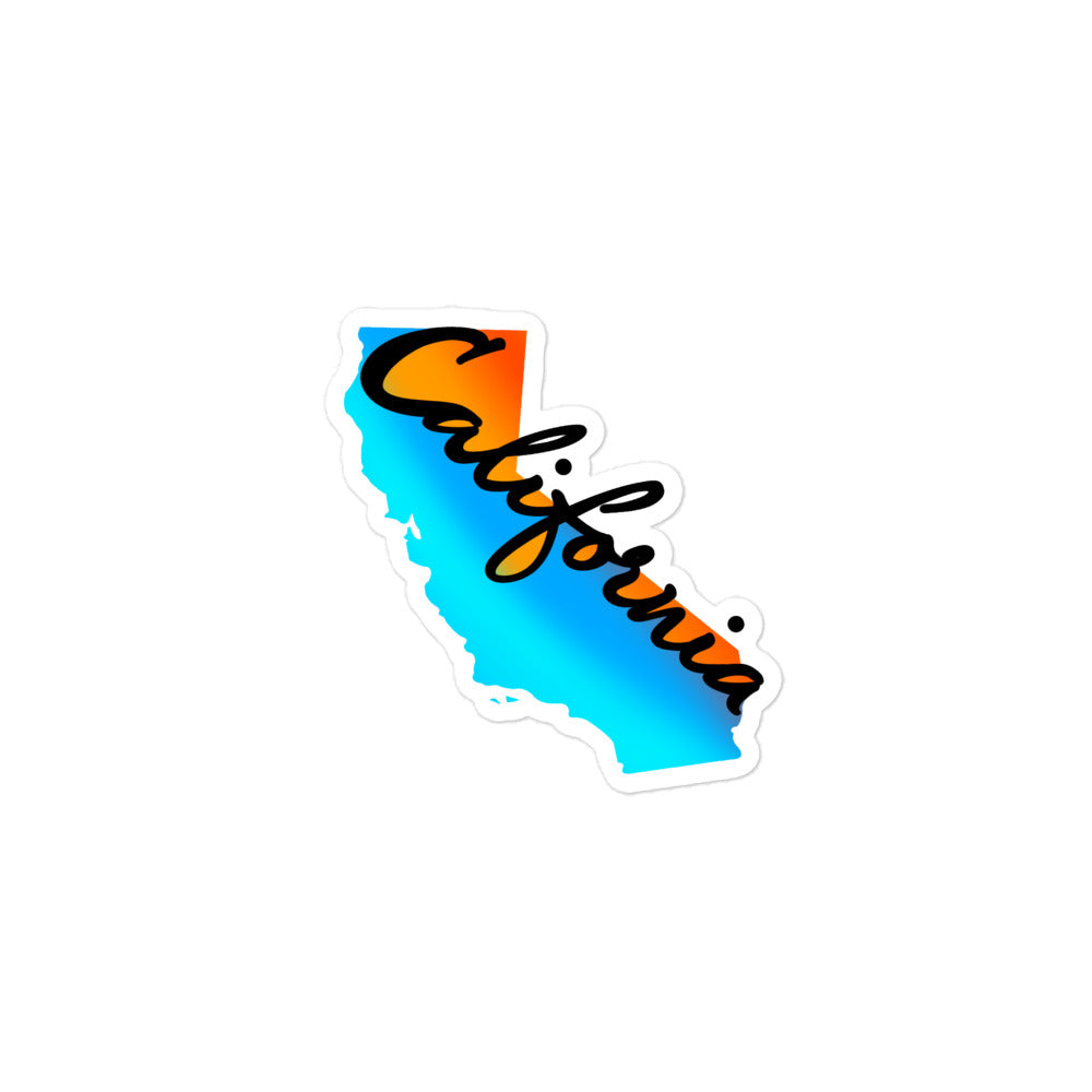kiss cut sticker, sunset ombre colored California silhouette with California cursive written along edge 3x3