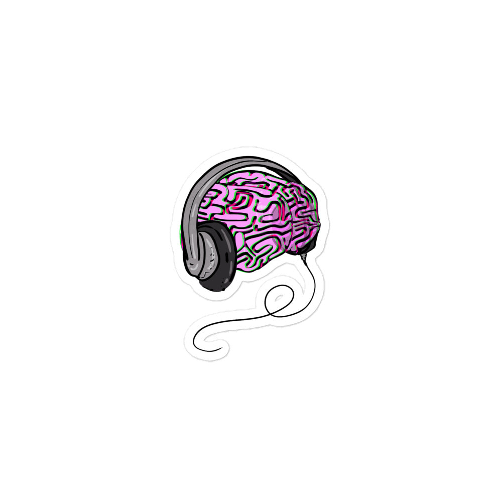 kiss cut sticker, cartoon brain wearing headphones 3x3