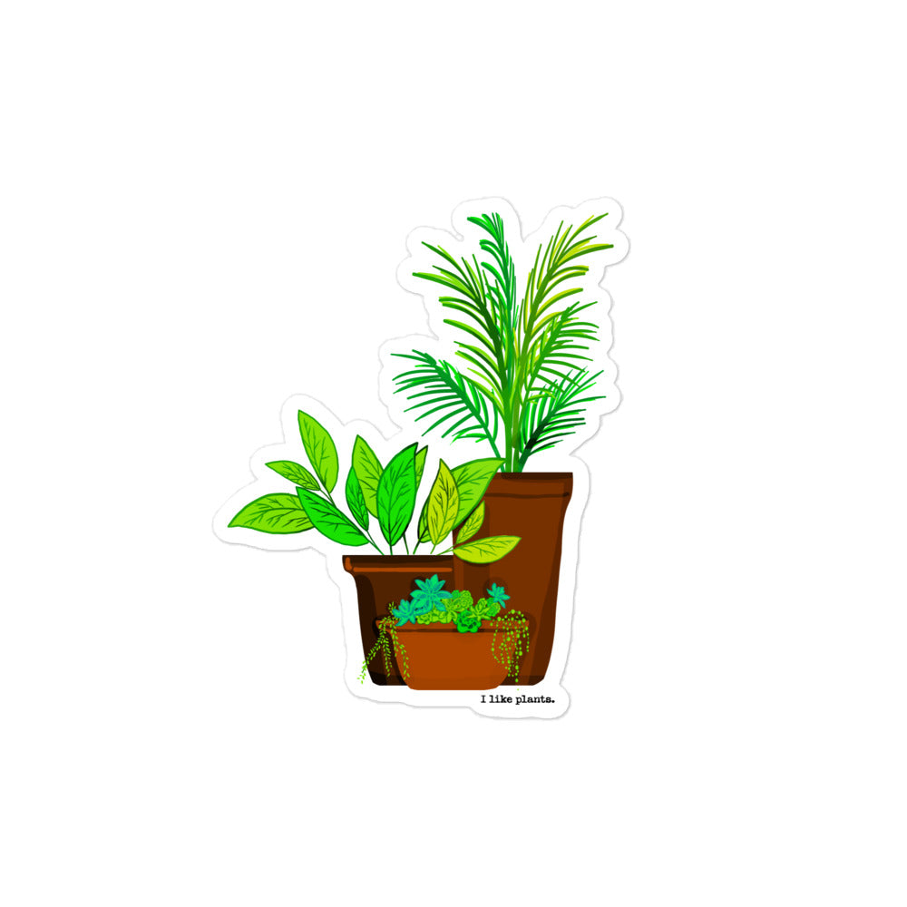 kiss cut sticker, digital drawing of plants in pots with the words "I like plants." 4x4