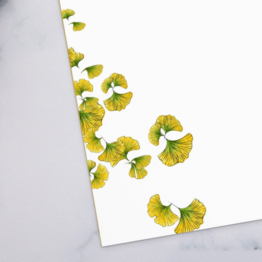 notepad with yellow and green ginkgo leaf design, 11x8.5 detail zoom