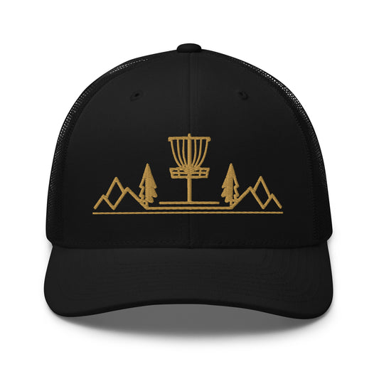 Disc Golf trucker hat, Three in the Trees, black front